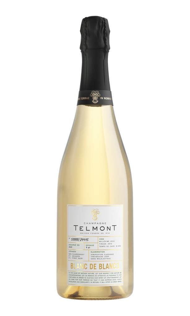 Un packshot d'une bouteille de Blanc de Blancs, Champagne Telmont