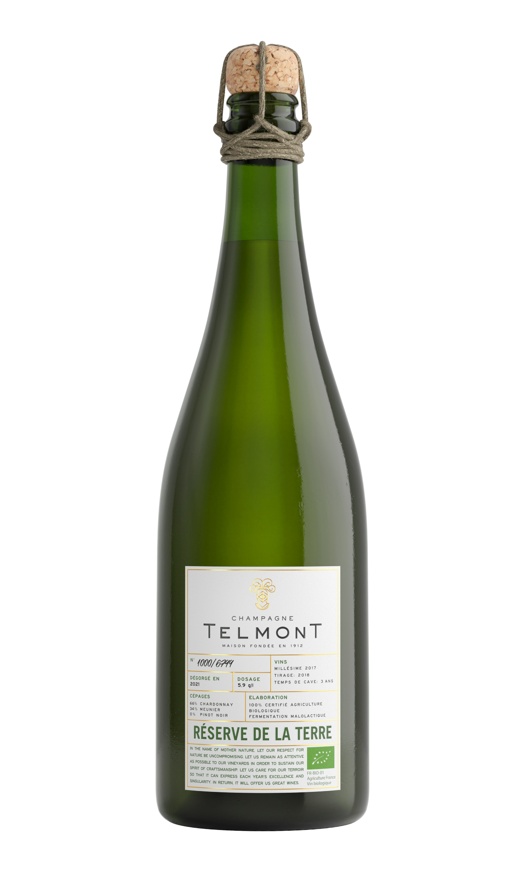 Un packshot de la bouteille Réserve de la Terre, Champagne Telmont